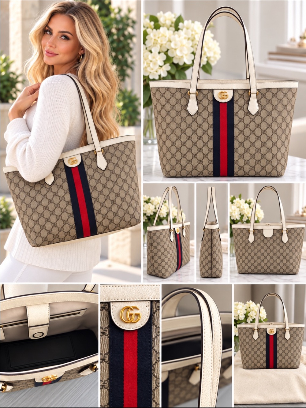 FASHION Beige Supreme Tote with Red & Blue Web Stripe and Cream Trim - Picture 1 of 10
